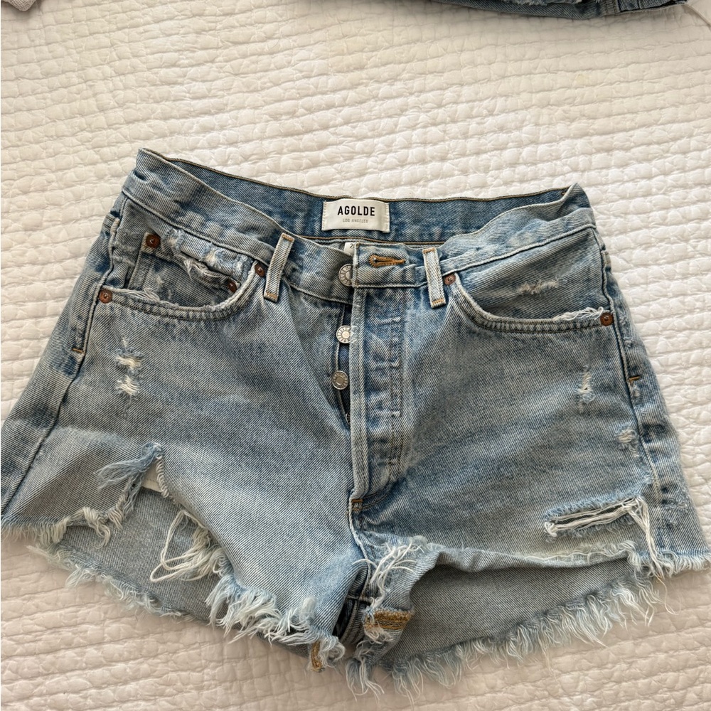 Agolde Light Wash Distressed High-Rise Denim Shorts
